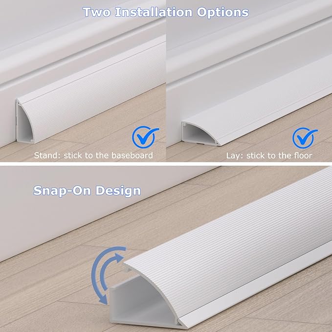 ZhiYo 68in Floor Cord Cover for Corner, Large Cord Hider for 3-5 Cords, Self-adhesives PVC Wire Hider for Baseboard/Floor/Wall Cable Management, White Cable Raceway, 0.8in x 1.8in, 4 x L17in