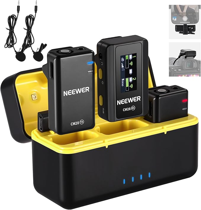 NEEWER CM28 Wireless Lavalier Microphone System with Charging Case, 2 Mic Clips, 1 Click Noise Canceling, 4GB Storage, 9H Playtime, Lavalier Lapel Mic Compatible with iPhone/Android/PC/Camera/iPad