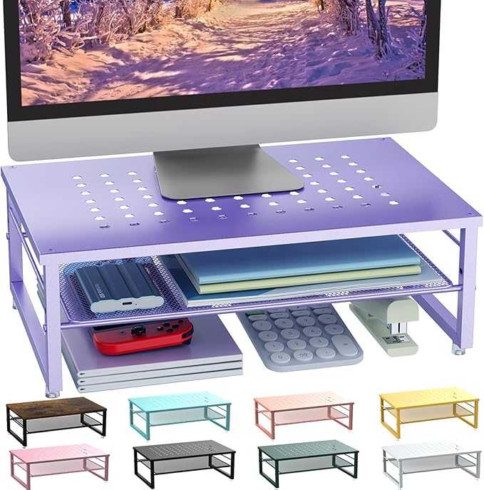 gianotter 2-Tier Metal Monitor Stand Riser, Office Desk Storage Organizer for Computer Monitor, Laptop, Printer, Office Supplies (Purple)