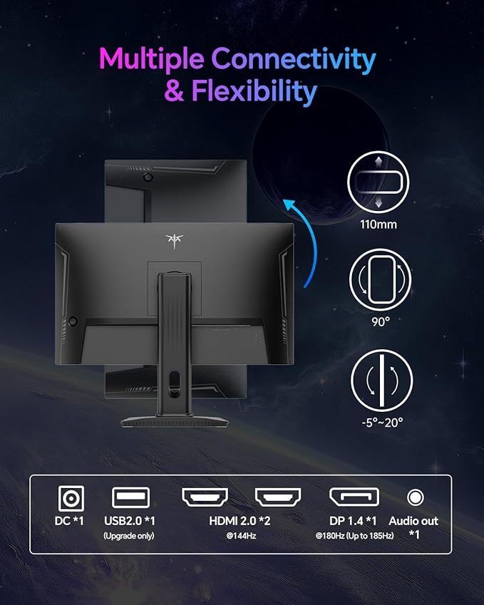 KTC 24 Inch Gaming Monitor 180Hz - 2K 1440P Computer Monitors, Fast IPS Monitor with HDR 400, Adaptive Sync, Up to 185Hz, HDMI 2.0 & Display Port 1.4, Height Adjustable, Vesa Mount, H24T7