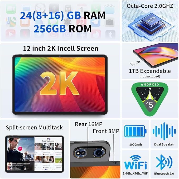 12 Inch Tablet Android 15 Tablets, 2025 Upgraded Android Tablet with Keyboard, 24GB RAM+256GB ROM(1TB Expand), Octa-Core, 2K 2000x1200 Display, 16MP Dual Camera, 8000mAh, 2.4G/5G WiFi, GPS (Black)