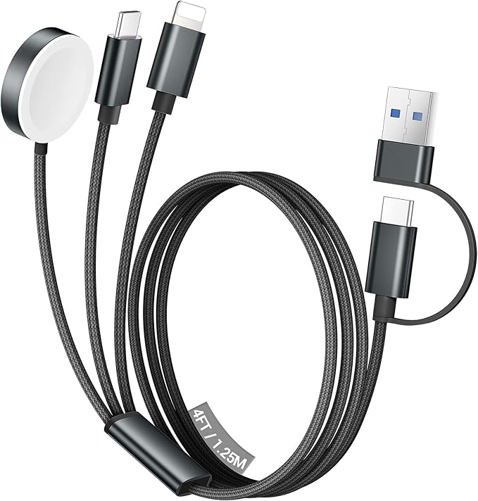 Temdan for Travel Vacation Essentials,3 in 2 USB C Cable for Apple Watch Charger/iPhone 16 Charger/Lightning,Multi Charging Cable Cord,Camping Essentials,Designed for iWatch &iPhone 16-12-4FT Black
