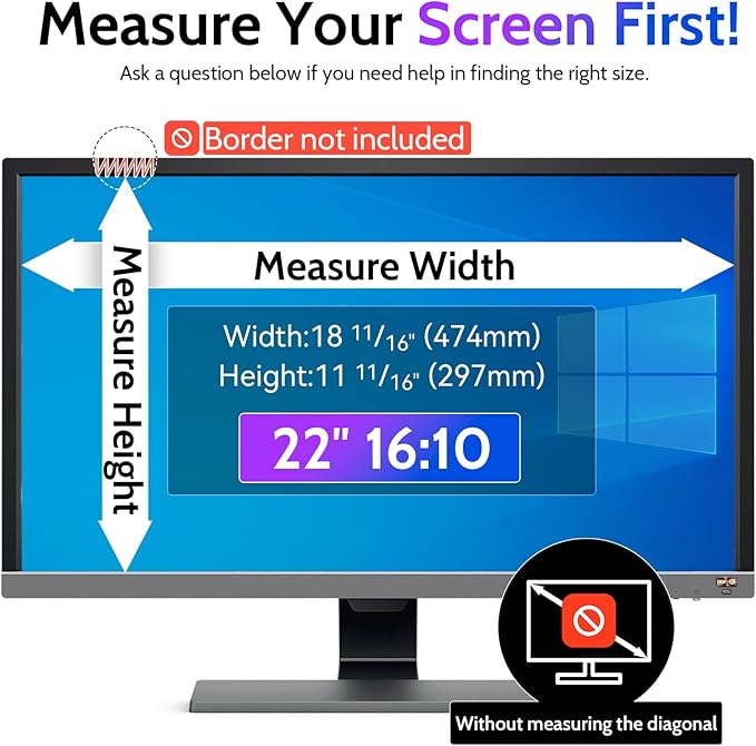 Privacy Screen for Computer Monitor 22 Inch 16:10 Aspect Ratio, Anti Blue Light Glare Removable 22 in Privacy Screen Filter Protective Film, HD 22 Inch Privacy Screen Protector for Monitor