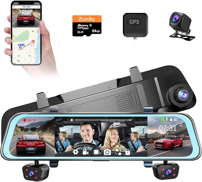 4 Channel Mirror Dash Cam, Dash Cam Front and Rear/Inside, 12’’ FHD 1080Px4 Rear View Mirror Camera, IR Night Vision for Left and Right Inside Car Camera, Built-in WiFi, GPS, Parking Monitor