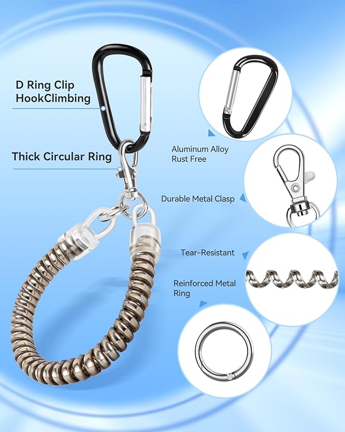 Phone Tether Lanyard, SHANSHUI Strong Spring Rope Climbing Hook, 4x Phone Tether Tabs Free Your Hand Anti Theft Phone Strap for All Smartphones for Outdoor Cycling Climbing Skiing Hiking - 2PCS Sliver