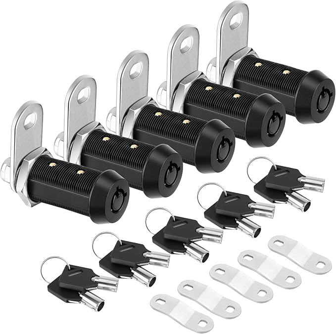 PTEROMY 5 Pack Cabinet Lock with Keys, 1-1/2'' Heavy Duty Tubular Cam Lock for RV Compartment Storage Locks, Full Set of RV Cam Locks (Black, 1-1/2'', 5 Pack)
