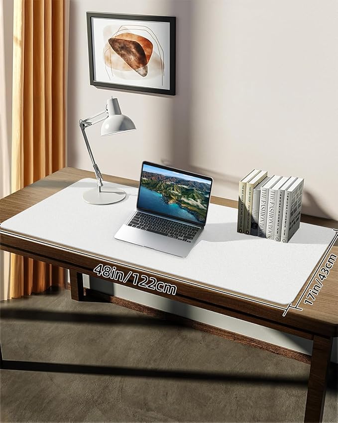 Leather Desk Pad Protector, Large Desk Mat, Mouse Pad, Non-Slip PU Leather Desk Blotter,Desk Cover mat,Desk mat for Keyboard and Mouse,Mat for Office&Home (White, 48" x 17")