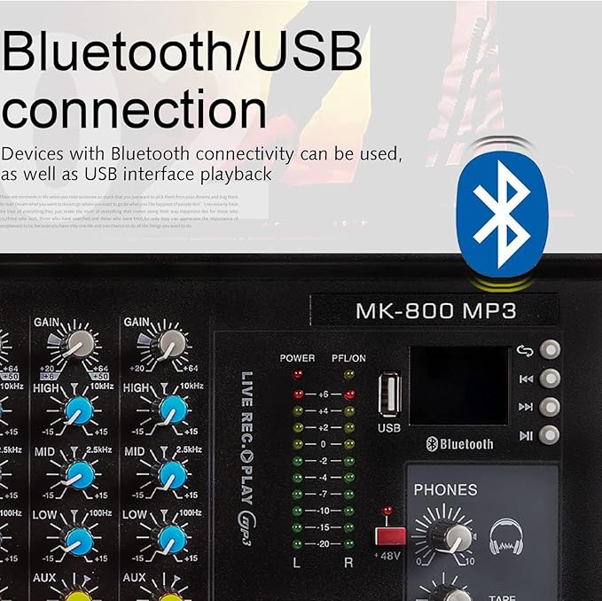 G-MARK MK800MP3 Professional Audio Mixer Sound Board 8 Channels Mixing Console with MP3 Player +48V Phantom Power Digital USB Bluetooth Reverb DJ Mixer Audio for PC Karaoke Stage Studio Recording