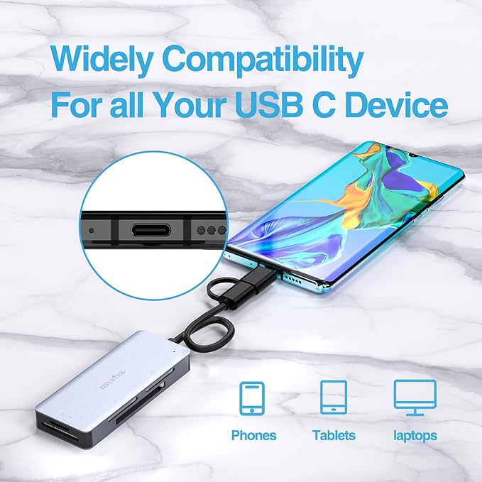 SD Card Reader, Aluminum 5in1 USB USB-C to SD Micro SD MS CF XD Card Reader Adapter Compatible with iPhone 15/16/Pro/Max, MacBook Pro/Air 2023, iPad Pro, iMac, S23, XPS 17, Surface Book 3 and More