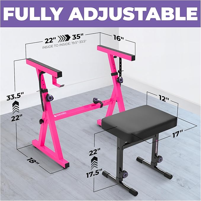 Liquid Stands Pink Portable Heavy Duty Digital Keyboard Stand and Bench Set - Adjustable Music Stand and Seat for 54-88 Key Electric Pianos