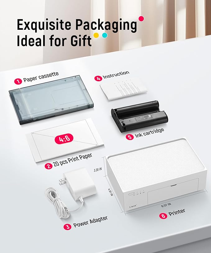 Liene White M200 4x6'' Photo Printer Battery Edition, Wireless Photo Printer for iPhone Android, Dye Sublimation Printing Full-Color Photo 20-Sheet, Portable Picture Printer Ideal for Travel Home Use
