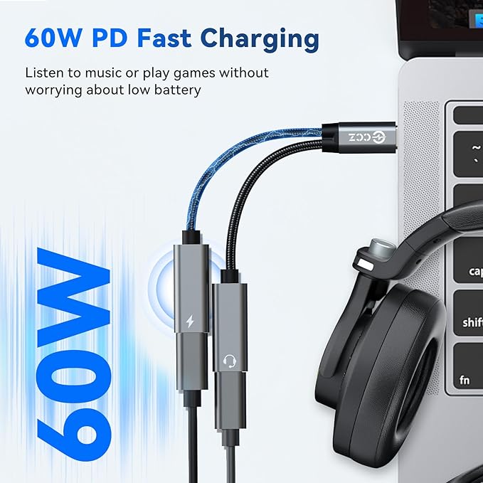 USB C Headphone Splitter,CCZ CA01 USB C to Type C Headphone Jack and Charger Adapter, 1 in 2 Out Dongle Hi-Res DAC Audio Cable with PD 60W Fast Charging for Samsung Galaxy S25 S24 S23 S22 (USBC-USBC)