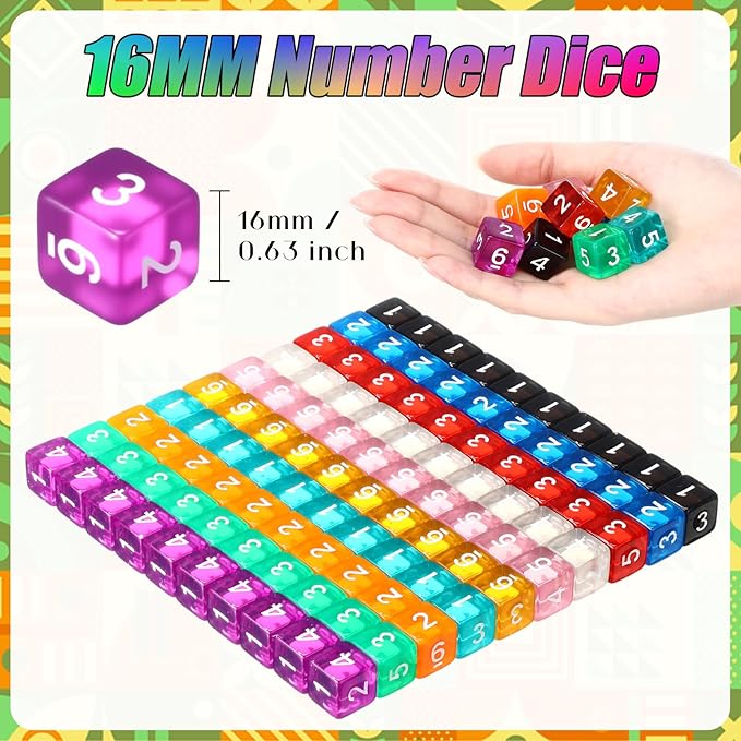 Poen 100 Pcs 16mm Dice Set Bulk, 6 Sided Standard Colored Dices with Numbers, D6 Polyhedral Games Dice for Board Games, Parties (Transparent Color)