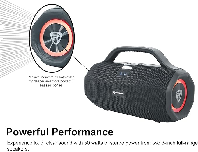 Rockville SONIC-50L Portable Bluetooth Speaker, 50W Stereo Sound, Dual LED Rings, IPX5 Water-Resistant, Upto 24-Hour Battery, TWS, USB/TF Card/AUX/Mic Inputs, for Outdoor and Indoor Events