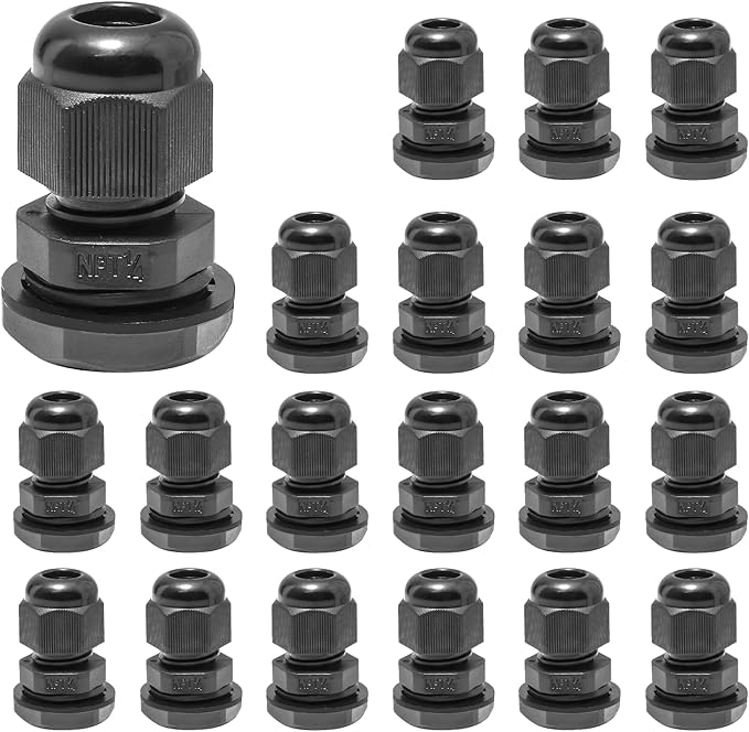 20 Pcs 1/4" NPT Nylon Cable Glands, IP68 Waterproof Adjustable Cord Grip Cable Connector Strain Relief Wire Protectors for 4-6mm Cable Diameter, Black