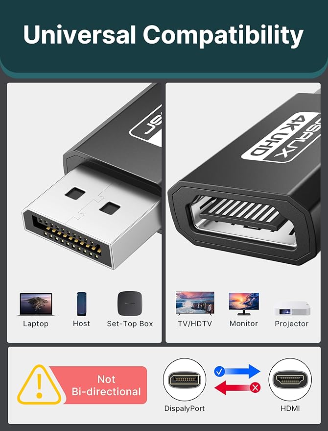 4K DisplayPort to HDMI Adapter 2-Pack, JSAUX DP PC to HDMI Monitor Converter Video UHD 2K@120Hz,4K@30 DP to HDTV Male to Female Uni-Directional adapter Compatible with Dell, Lenovo, HP,GPU, AMD -Black