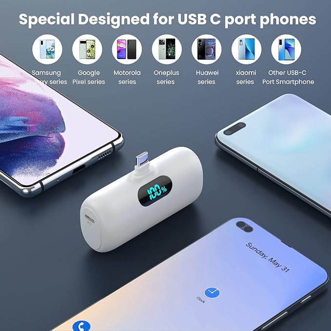 [2 Pack] Samll Portable Charger for iPhone 16/15 Series, 5000mAh 3A PD USB C Power Bank, Mini LCD Display Battery Pack Compatible with iPhone 16/16 Plus/16 Pro/15 Pro Max,Samsung,Android/Moto/LG etc