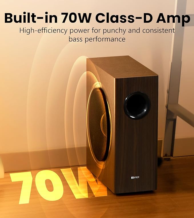 Edifier T5s Powered Active Subwoofer with 70W RMS, 8" Long-Throw Woofer, Deep Bass (35Hz) Speaker, Built-in Amp, Low Distortion, Phase Selector & Energy-Efficient for Home & Studio Audio, Black
