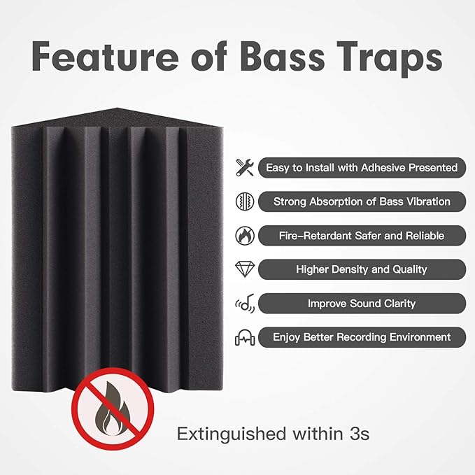 8 Pack - Bass Traps Acoustic Foam Corner, 8''x8''x12'' Black Bass Traps Corner Studio Foam, High Density and Fire-Proof Bass Traps Acoustic Panels Recording Studio Acoustical Treatments