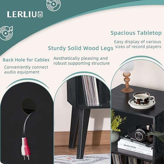 Lerliuo Record Player Stand, Black Turntable Stand Holds up to 160 Albums, Mid-Century Vinyl Storage Cabinet Table with Solid Wood Legs, Record Player Holder Dispaly Shelf for Bedroom Living Room