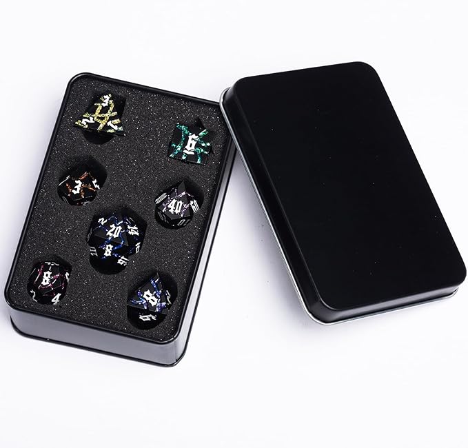 Dice Set D&D,Dungeons and Dragons Metal Dice Set with Box, Crack Glitter Polyhedral Dice for Role Playing Game (Matte Black 7 Colors)