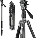 Fotopro 59" Carbon Fiber Travel Tripod, Compact Video Tripods with Fluid Head, Detachable Monopod with Quick Release Plate and Bag, Camera Tripod Load up to 8KG/17.63lbs