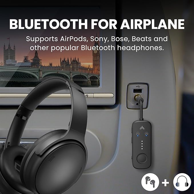Avantree Relay - Airplane Bluetooth 5.3 Adapter with Qualcomm aptX Adaptive, Supports 2 AirPods or Headphones, 20Hr Playtime, 3.5mm AUX Wireless Audio Transmitter for Travel Flight, Airline, Gym