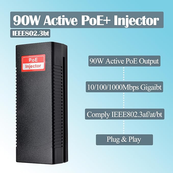 Revotech Gigabit 90W PoE++ Injector 54-56V Adapter, 10/100/1000Base-T IEEE 802.3bt PoE Standard Active POE+, Plug and Play for Wireless Access Points/PTZ/Videophones