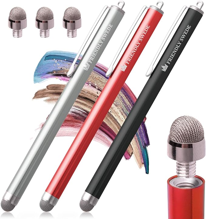 The Friendly Swede Mesh Tip Stylus Pen for Touchscreen — 3-Pack Micro-Knit Capacitive Stylus Pen for iPad & iPhone with 3 Replaceable Fiber Tips, Elastic Lanyards & Screen Cleaning Cloth