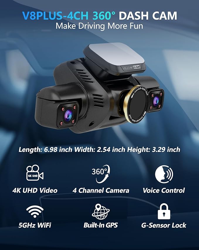 Dash Cam 4 Channel Front and Rear Inside, 360° Car Camera 4K UHD, Dash Camera for Cars Built-in Wi-Fi GPS, Dashcam with 64GB Card, Voice Control, CPL Filter, WDR Night Vision, 24H Parking Mode(V8PLUS)