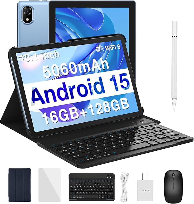 DOOGEE U10(2025) 10 inch Tablet with Keyboard, Android 15 Tablet 16GB+128GB/2TB Expand, 2.0GHz Quad Core Gaming Tablets,5060mAh,1280x800 IPS HD Touchscreen,WiFi 6,Dual Camera,BT5.0,Widevine L1,Blue