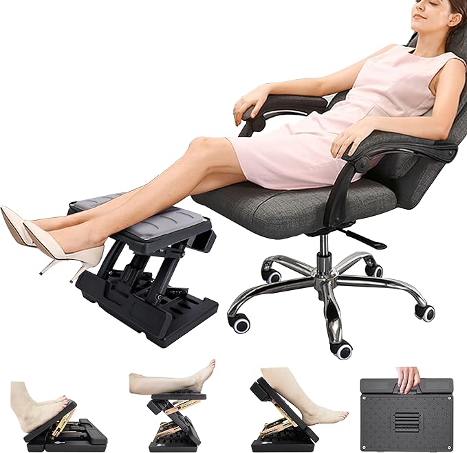 Adjustable Foot Rest and Footstool Under Desk, Ergonomic Leg Rest with Massage Roller, Height & Angle Adjustable, Detachable Cushion for Office and Home (Gray)