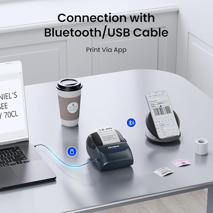 CLABEL Thermal Label Maker Machine: 221B Bluetooth Label Maker Machine with Tape Mini Sticker Printer Barcode Printer Compatible with Smartphone with 1 Roll 40x30mm Label (Blue)
