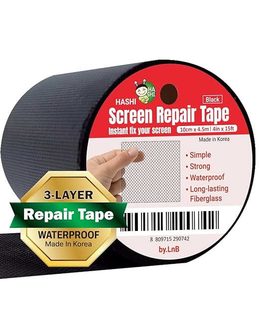 HA SHI Screen Repair Kit for Windows or Doors (4" x 15FT, Black) 3-Layer Strong Adhesive Tape, Made in Korea, Ease-Installation Fiberglass Covering Mesh