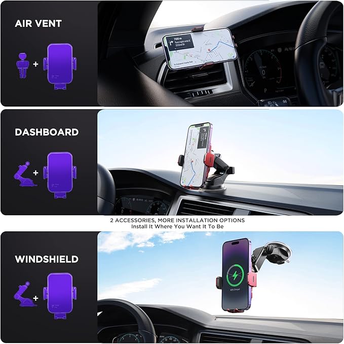 Wireless Car Charger,【7 Colored RGB Backlit】Mosurr 15W Auto Clamping Car Charger Phone Mount Holder fit for iPhone 15 14 13 12 Mini Pro Max 11 XR XS, Samsung Galaxy S24 Ultra S23 S22 S21+ Note 20, etc