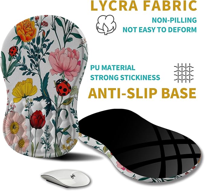 Hokafenle Ergonomic Mouse Pad Wrist Support, Wrist Rest Mousepad for Carpal Tunnel Pain Relief with Integrated Memory Foam Slope Massage Bulge (11.8x7.9 inch,Flowers and Ladybugs