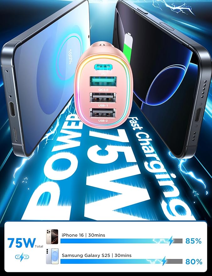 USB C Car Charger Cigarette Lighter Adapter 75W 4-Port Fast Car Charger Fast Charging Compatible with iPhone16/15/14/13 Series- Pink