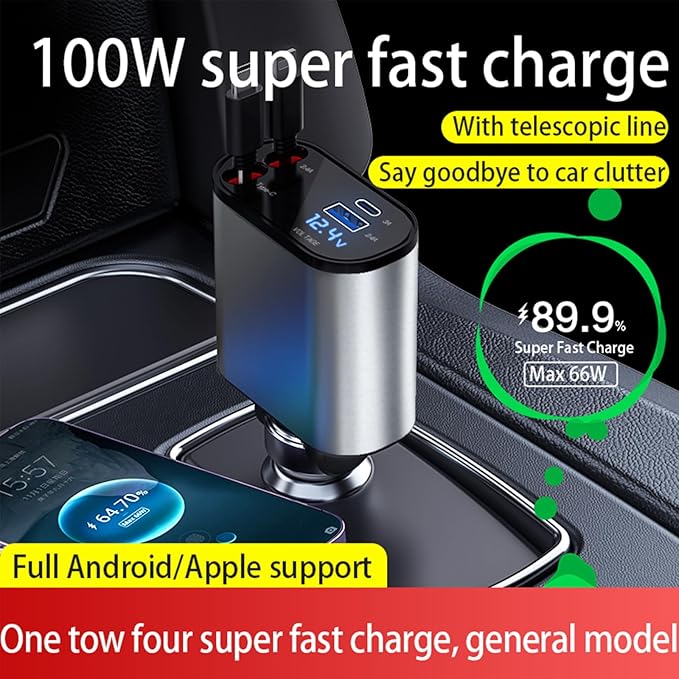Retractable Car Charger，4 in1 Fast Car Phone Charger with Dual Retractable Cables and 2 Charging Ports (Type C+Lightning Retractable Cords)