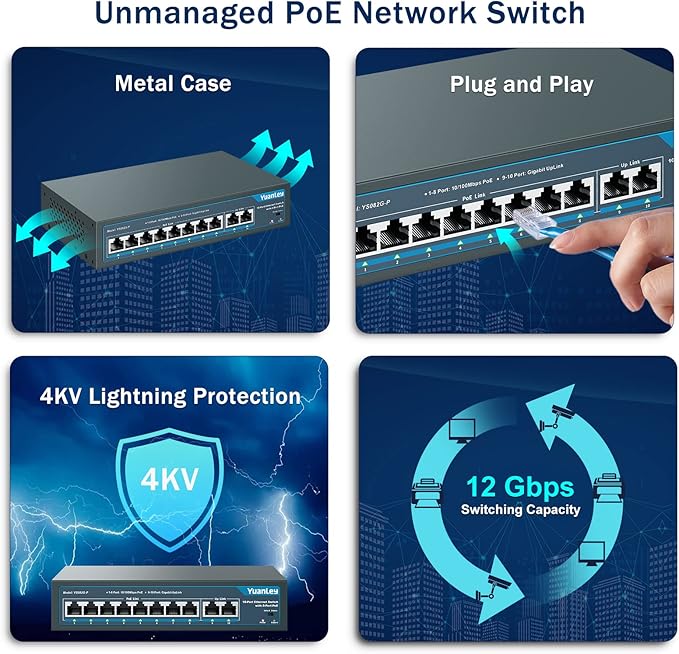 YuanLey 8 Port PoE Switch with 2 Gigabit Uplink, 8 PoE+ Port 100Mbps, 120W 802.3af/at, Extend Function, Metal, Fanless, Unmanaged Plug and Play Network Switch