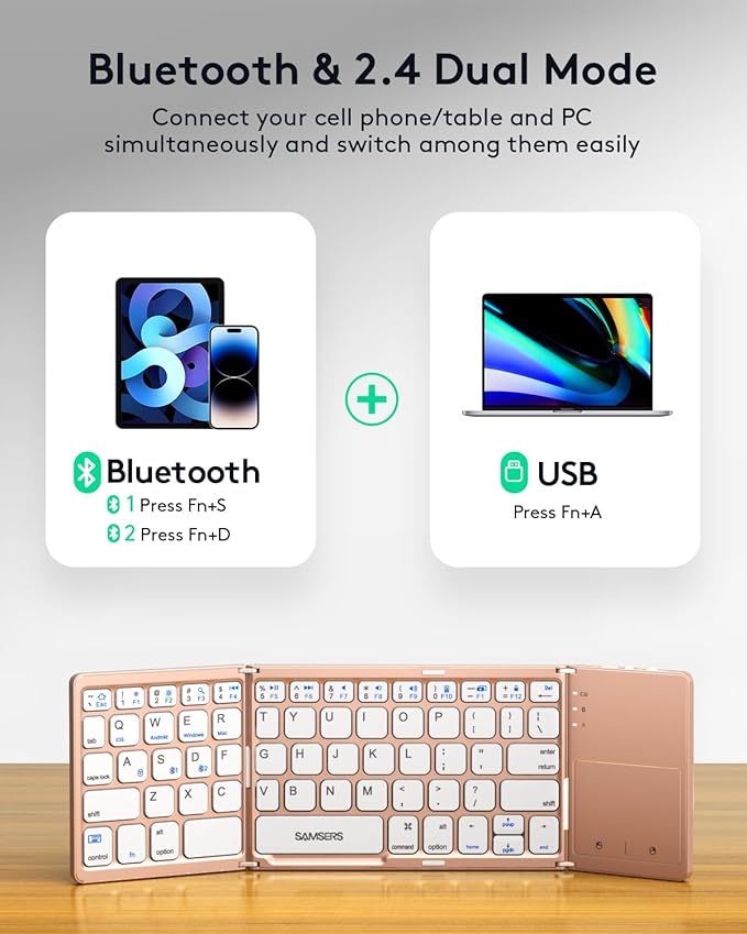 Samsers Multi-Device Foldable Bluetooth Keyboard with Touchpad, Rechargeable Dual-Mode(2.4G+BTx2) Wireless Keyboard with Holder, Portable Folding Keyboards for Android Windows iOS Mac OS - Pink