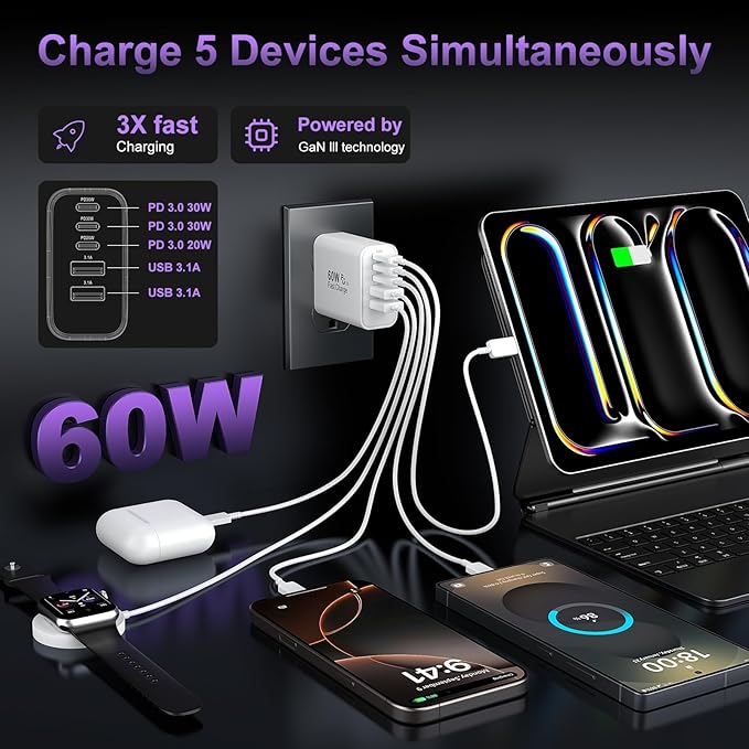 USB C Fast Wall Charger Block, 2Pack 60W USBC Charging Cubes, 5-Port PD+QC Power Adapter Multiport Brick Type C Box Plug for Phone 16/15/14/13/12/11/Pro Max/Plus, Pad Mini/Pro/S25/S24-White+Black