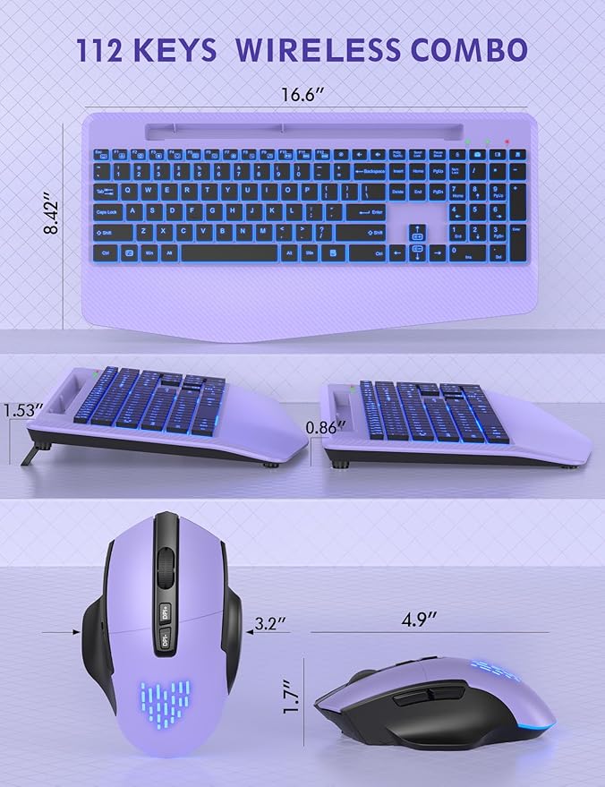 Wireless Keyboard and Mouse Backlits, Wrist Rest, LED Mouse, Rechargeable Ergonomic Keyboard with Phone Holder, Silent Light Up Combo for Computer, Mac, PC, Laptop, Chromebook (Purple)