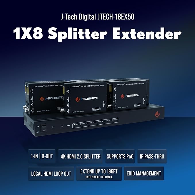 J-Tech Digital HDMI 2.0 4K Extender Splitter Over Single Cable CAT6 with PoC Up to 196 FT 1-in 8-Out w/Local Loop Output & Low Latency [JTECH-18EX50]