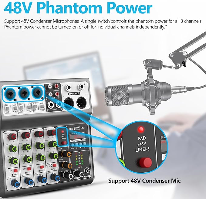 Aveek Professional Audio Mixer, Sound Board Mixing Console with 5 Channel Digital USB Bluetooth Echo Delay Effect, Input 48V Phantom Power Stereo DJ Mixers for Recording, Live Streaming, Podcasting