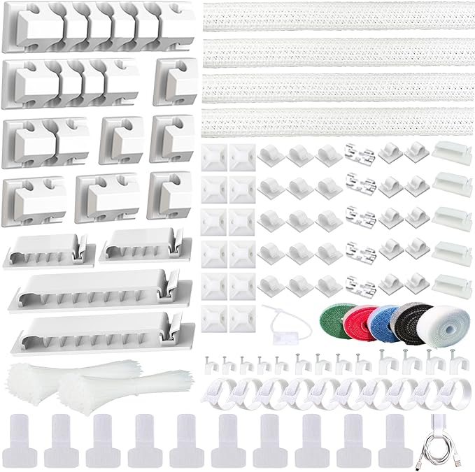 ELII 327PCS White Cable Management Kit 4 Cable Cable Sleeves, 65 Cable Clips with 13Cord Holders,20+5Roll Cable Organizer Straps,200 Fastening Cable Ties,20 Cable Zip Tie Mounts for Computer (White)