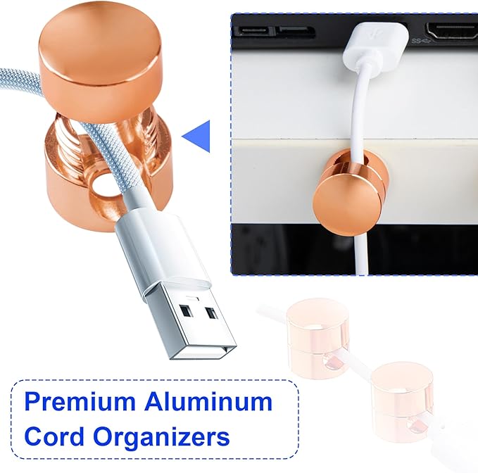 3 Sets Charger Holders for Cords, Rose Gold Color Adjustable Cable Anchor Holders, Adhesive Metal Cord Clips, Cable Management Wire Organizers for Desk, Office, Nightstand
