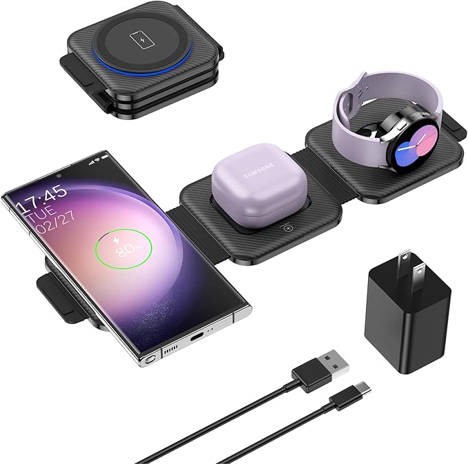 Travel Charger for Samsung Multi Devices, Foldable 3 in 1 Wireless Charging Station Fast Charging Stand/Pad Compatible for Samsung Galaxy S25/S24/S23/Note20 GalaxyWatch8/7/6 Galaxy Buds4