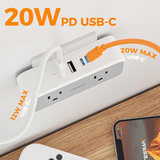 20W PD Surge Protector Outlet Extender, TESSAN Multi Plug Splitter with 4 Electrical Outlets 3 USB Ports(1 USB C), Multiple Plug Wall Expander for Home Office Dorm Room Essentials