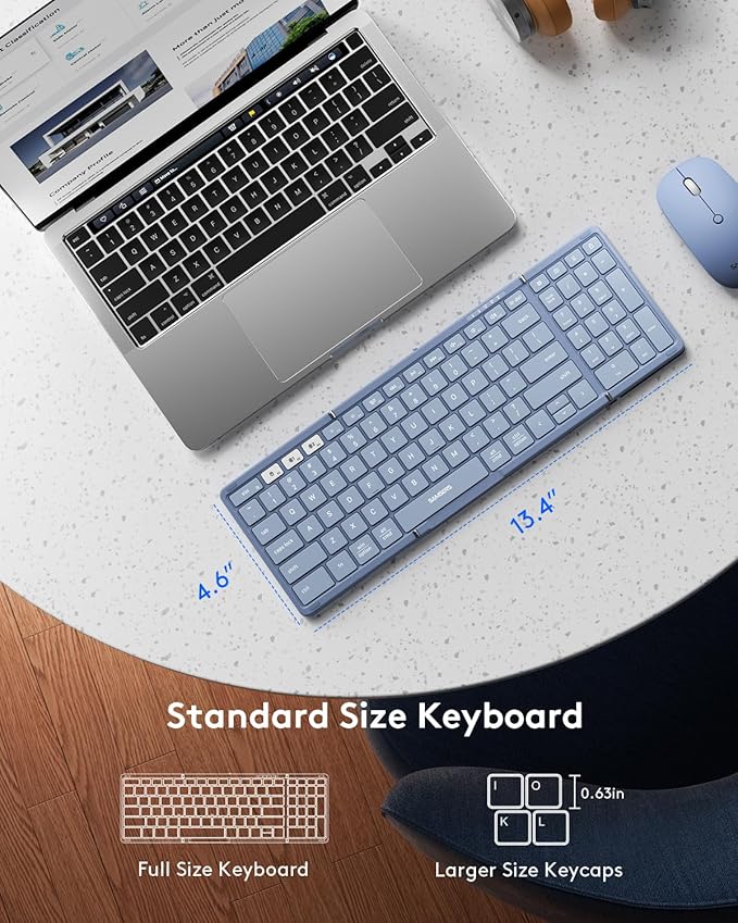 Foldable Keyboard and Mouse, Samsers Folding Bluetooth Keyboard Combo, 2.4G + BT5.0 x 2, Full-Size Portable Travel Keyboard & Rechargeable Wireless Mouse for Windows Android iOS Mac OS, Blue