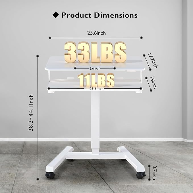 BONTEC Mobile Standing Desk with Keyboard Tray, Mobile Podium, Rolling Laptop Sit Stand Desk on Wheels, Adjustable Height Up to 33lbs, Portable Computer Workstation Cart for Living Room, Office, White
